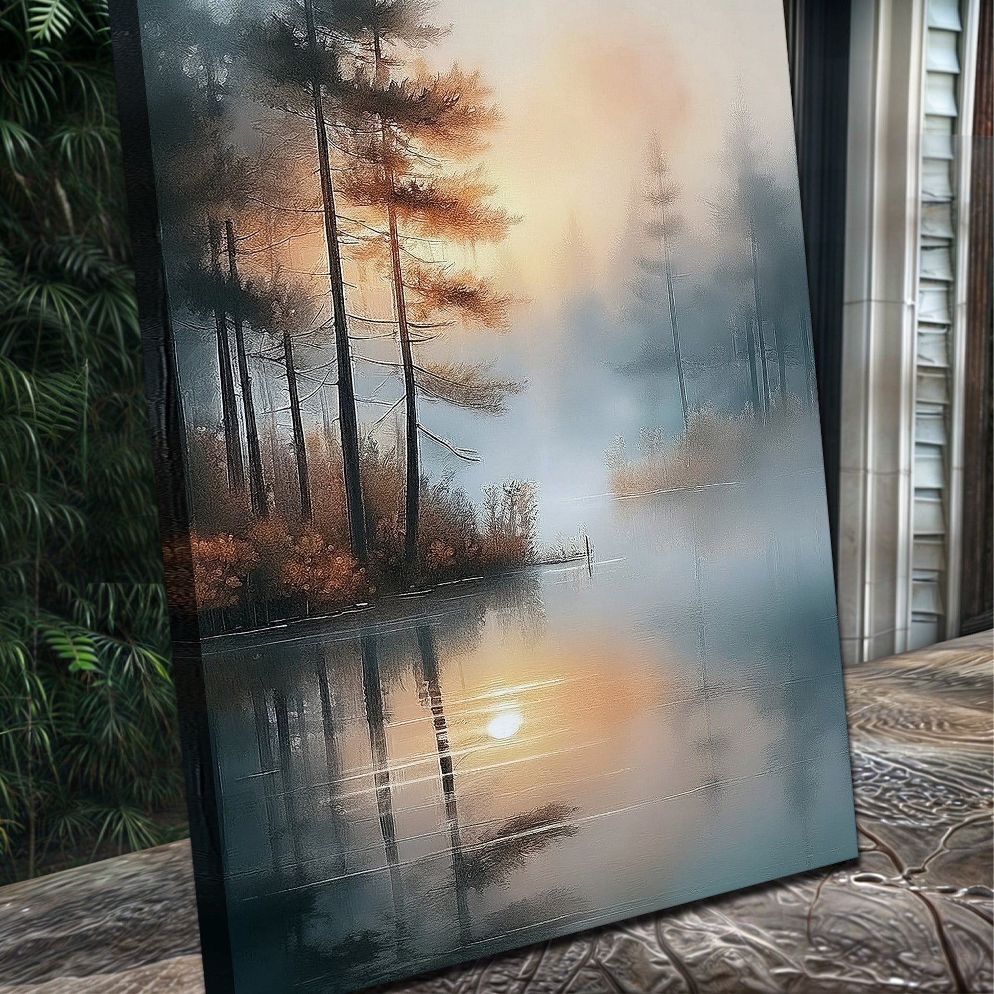 Misty Lake Wall Art canvas by Tailored Canvases showing sunset over misty pine lake on Tampa Home & Garden Store
