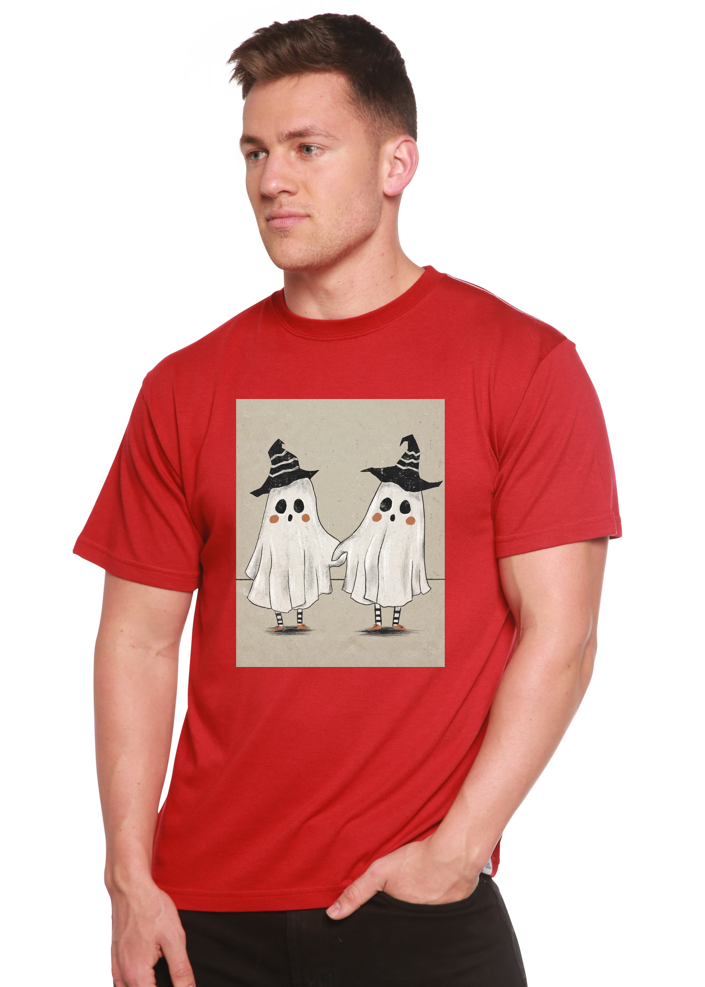 Cute Ghost men's bamboo viscose T-shirt with ghost print on red background on Tampa Home & Garden Store
