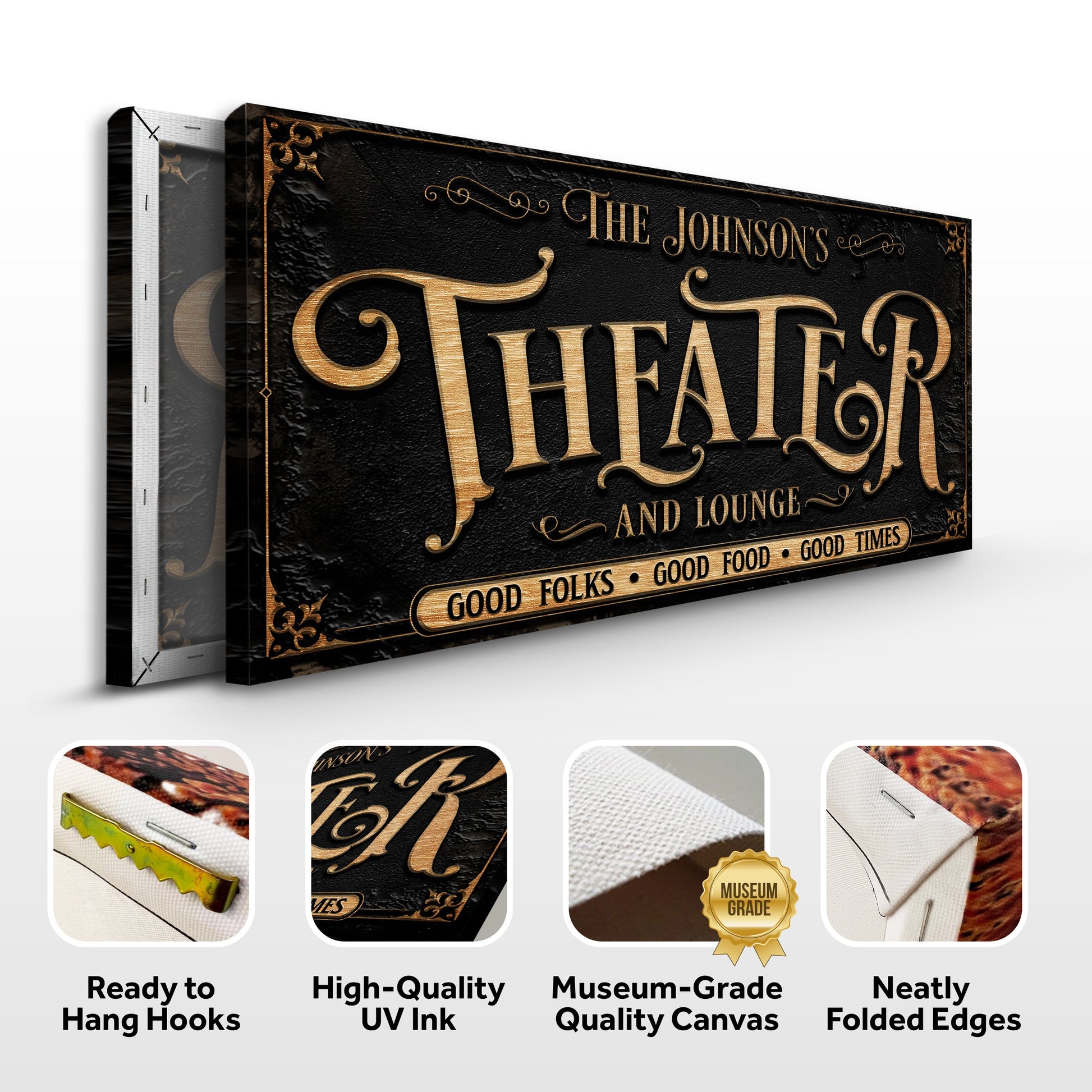 Personalized Theater Sign III canvas with black textured background and gold lettering on Tampa Home & Garden Store