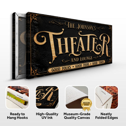 Personalized Theater Sign III canvas with black textured background and gold lettering on Tampa Home & Garden Store