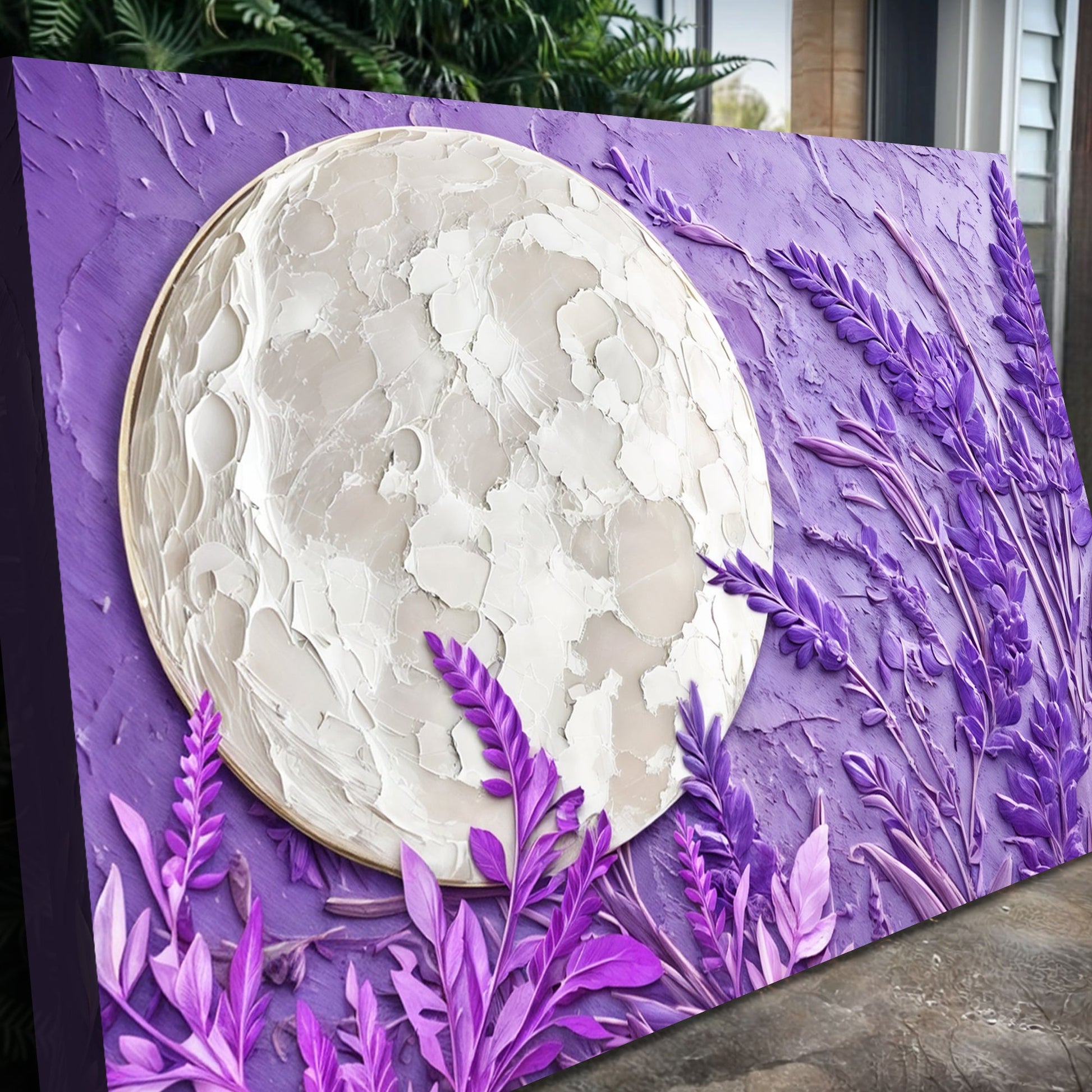 3D Lavander Moon Wall Art crafting canvas with textured white moon on purple backdrop on Tampa Home & Garden Store