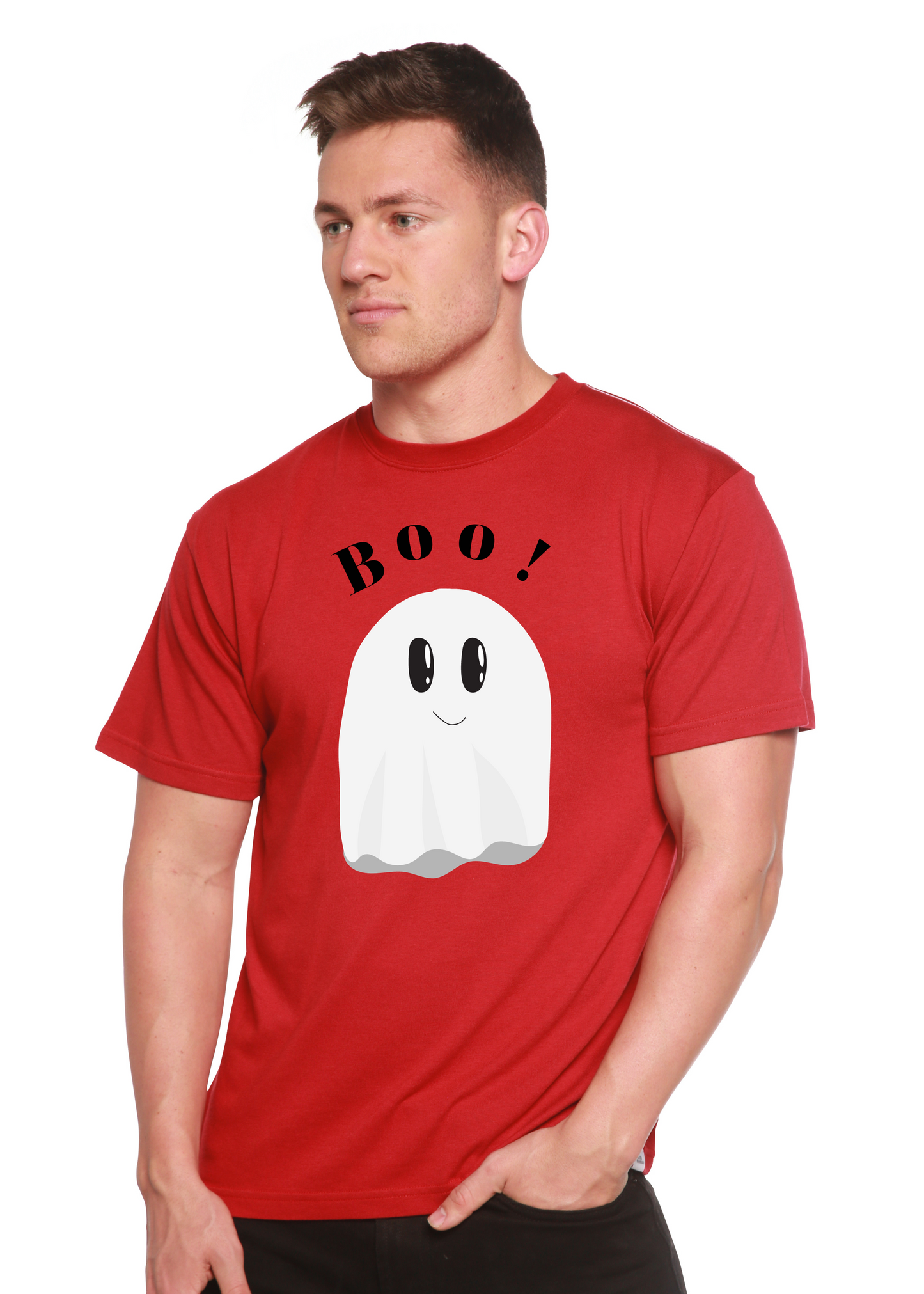 Boo men's bamboo viscose short sleeve graphic t-shirt red with ghost print by Spun Bamboo on Tampa Home & Garden Store