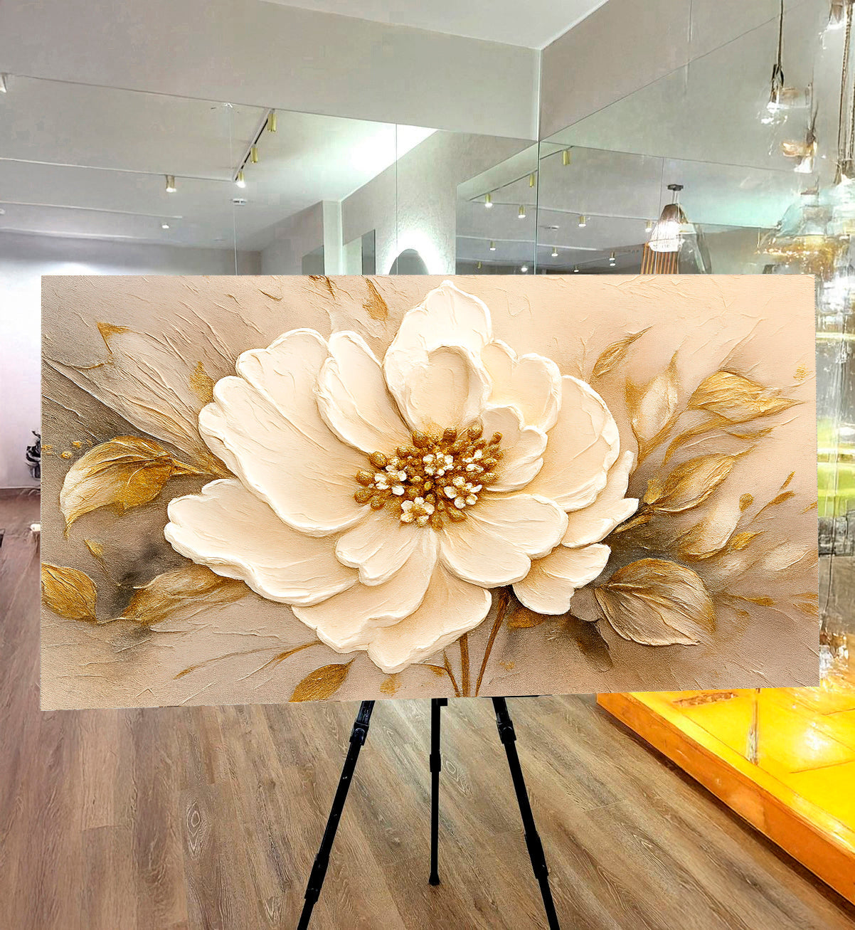 Canvas Minimalist Wall Art X cream flower with gold leaves textured on Tampa Home & Garden Store