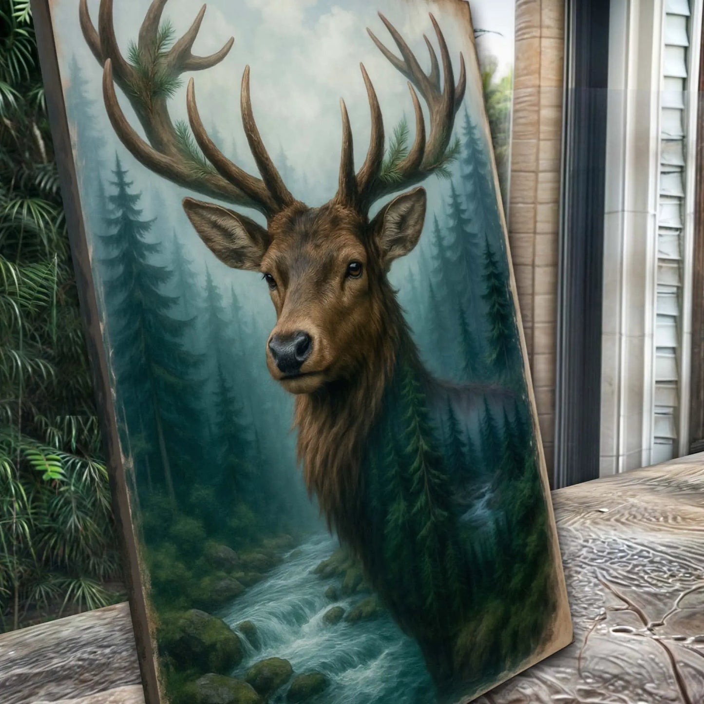 Misty Stag Double Exposure Wall Art Canvas Print