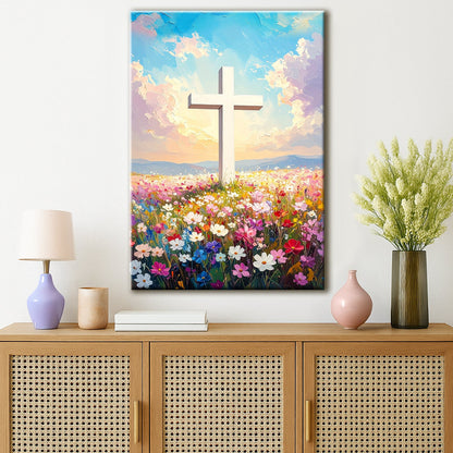 Cross Floral Field Faith Wall Art canvas by Tailored Canvases in a vibrant pastel flower field on Tampa Home & Garden Store