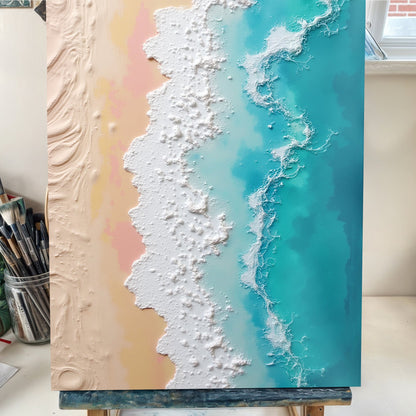 Canvas art: 3D pink and blue ocean with white shoreline on peach-to-teal gradient on Tampa Home & Garden Store