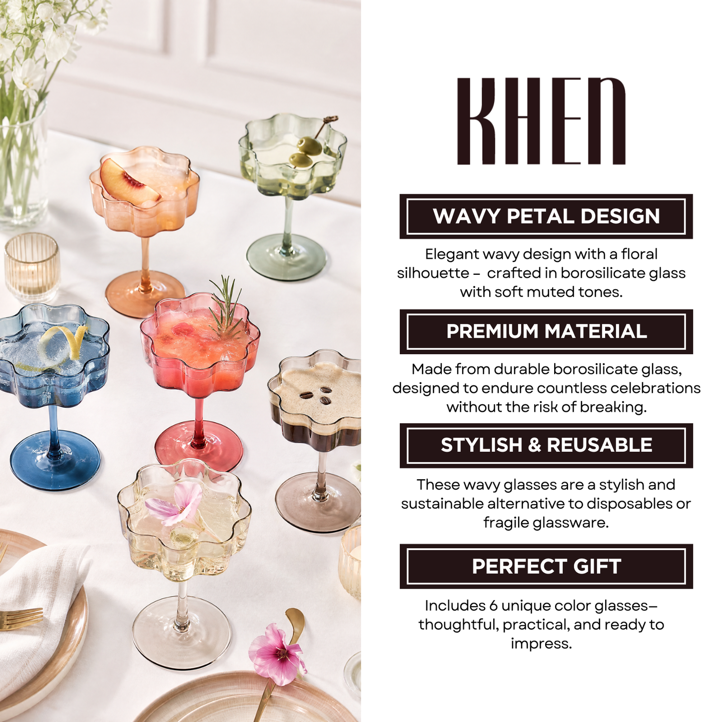 Elegant Muted Flower Coupe Glasses Set of 6