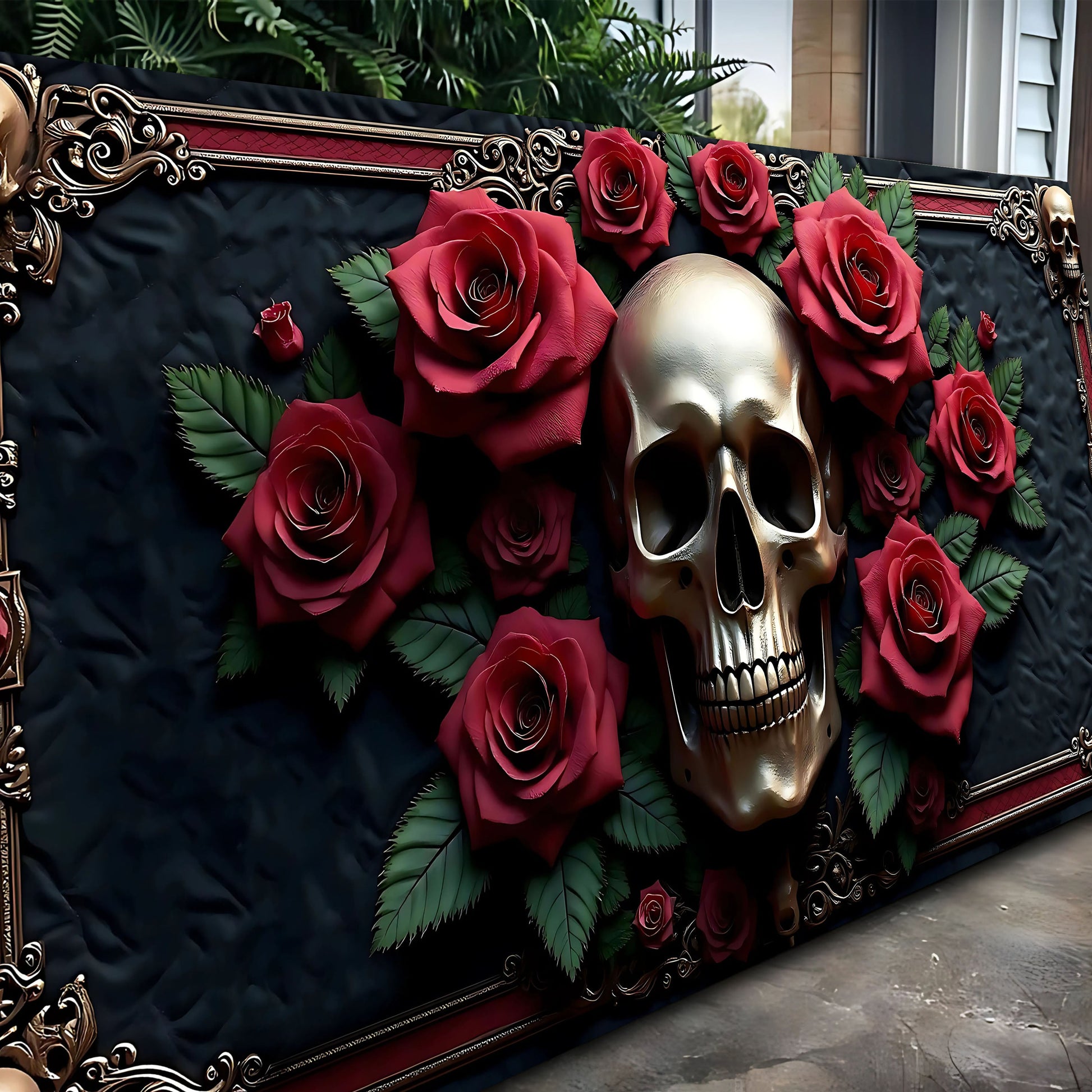 3D Vintage Skull Wall Art III canvas with ornate gold frame and red roses on black backdrop on Tampa Home & Garden Store