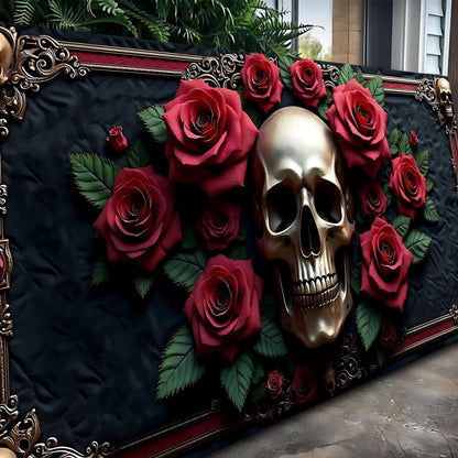3D Vintage Skull Wall Art III canvas with ornate gold frame and red roses on black backdrop on Tampa Home & Garden Store