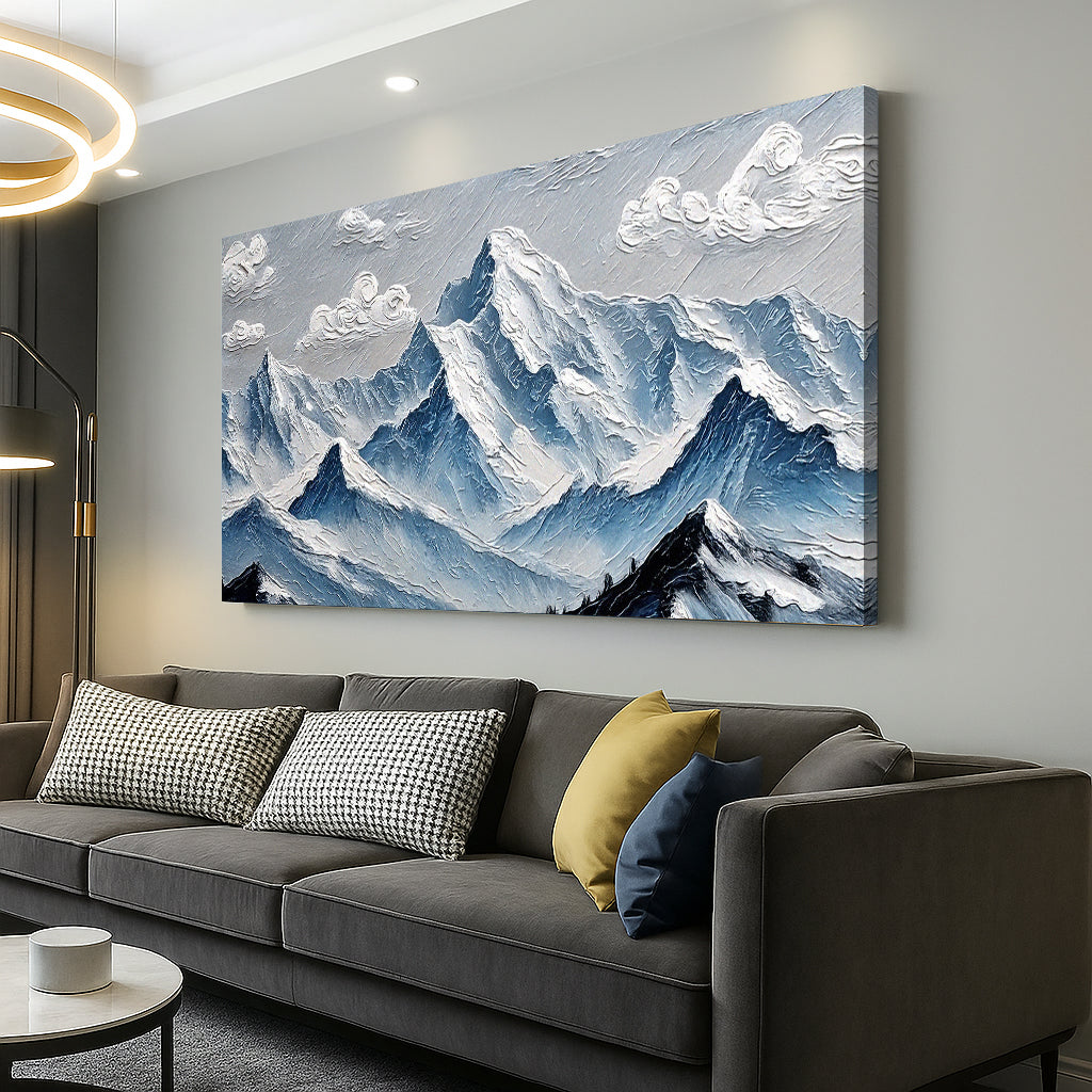 Mountain Minimalist Wall Art canvas with blue snowcapped peaks and textured impasto on Tampa Home & Garden Store