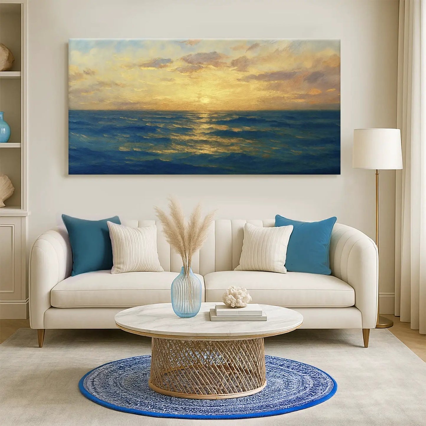 Waterscape Abstract Wall Art VII canvas by Tailored Canvases, ocean blues with warm sunset glow on Tampa Home & Garden Store