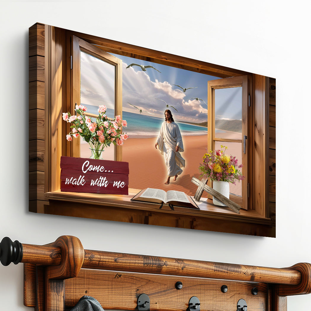 Canvas I Will Walk By Faith Faith Sign by Tailored Canvases, wood window beach scene with Bible and cross on Tampa Home & Garden Store