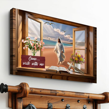 Canvas I Will Walk By Faith Faith Sign by Tailored Canvases, wood window beach scene with Bible and cross on Tampa Home & Garden Store