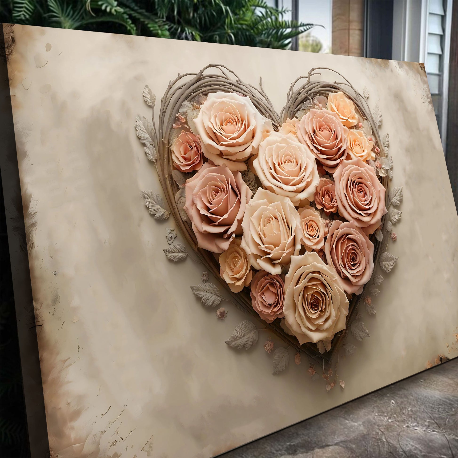 3D Floral Heart Wall Art III canvas by Tailored Canvases with peach roses in a woven heart frame on Tampa Home & Garden Store