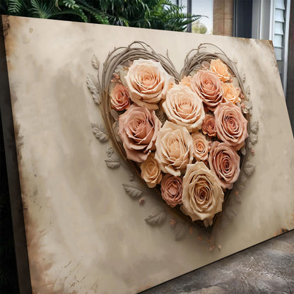 3D Floral Heart Wall Art III canvas by Tailored Canvases with peach roses in a woven heart frame on Tampa Home & Garden Store