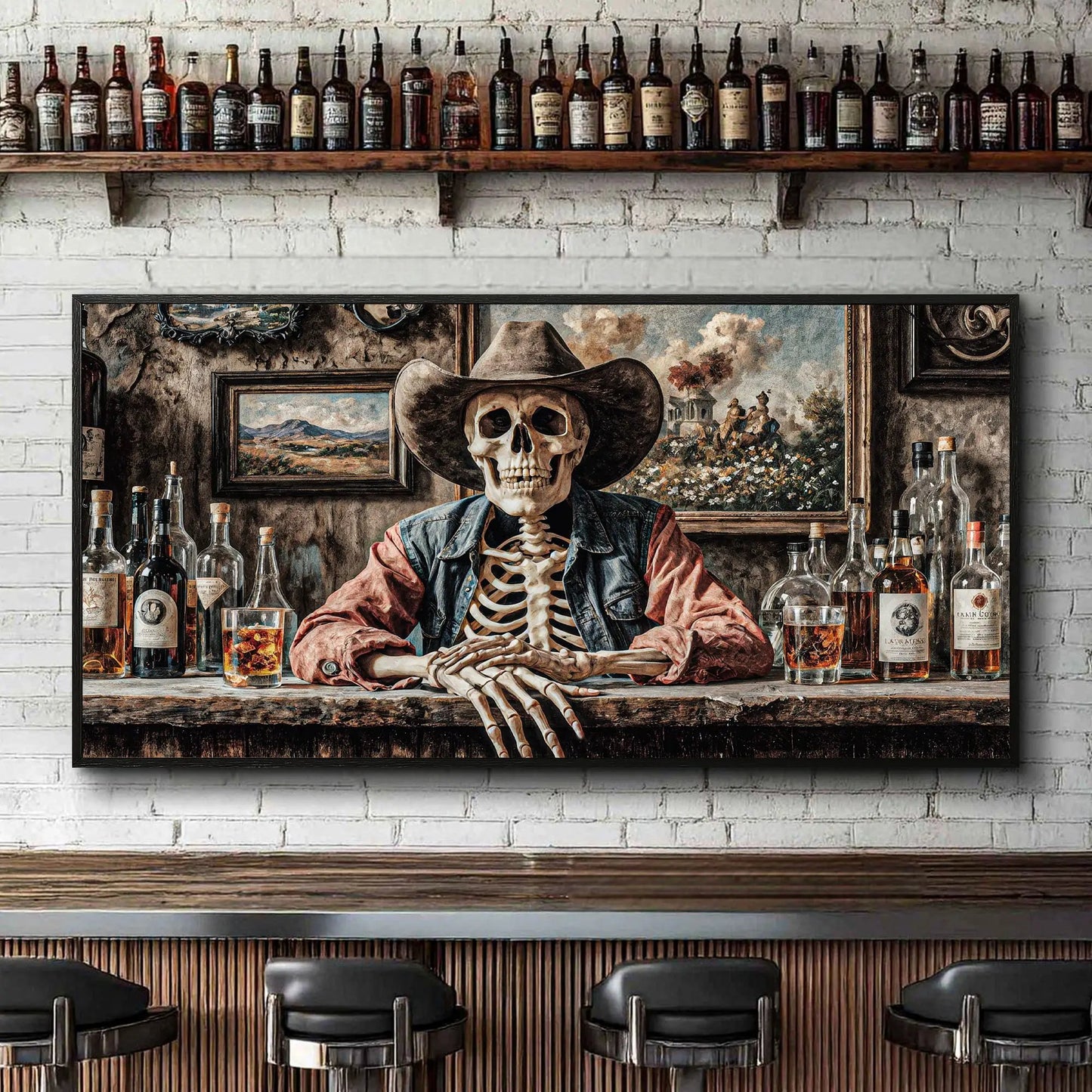 Skeleton cowboy barman at Western saloon wall art canvas by Tailored Canvases on Tampa Home & Garden Store