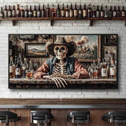 Skeleton cowboy barman at Western saloon wall art canvas by Tailored Canvases on Tampa Home & Garden Store