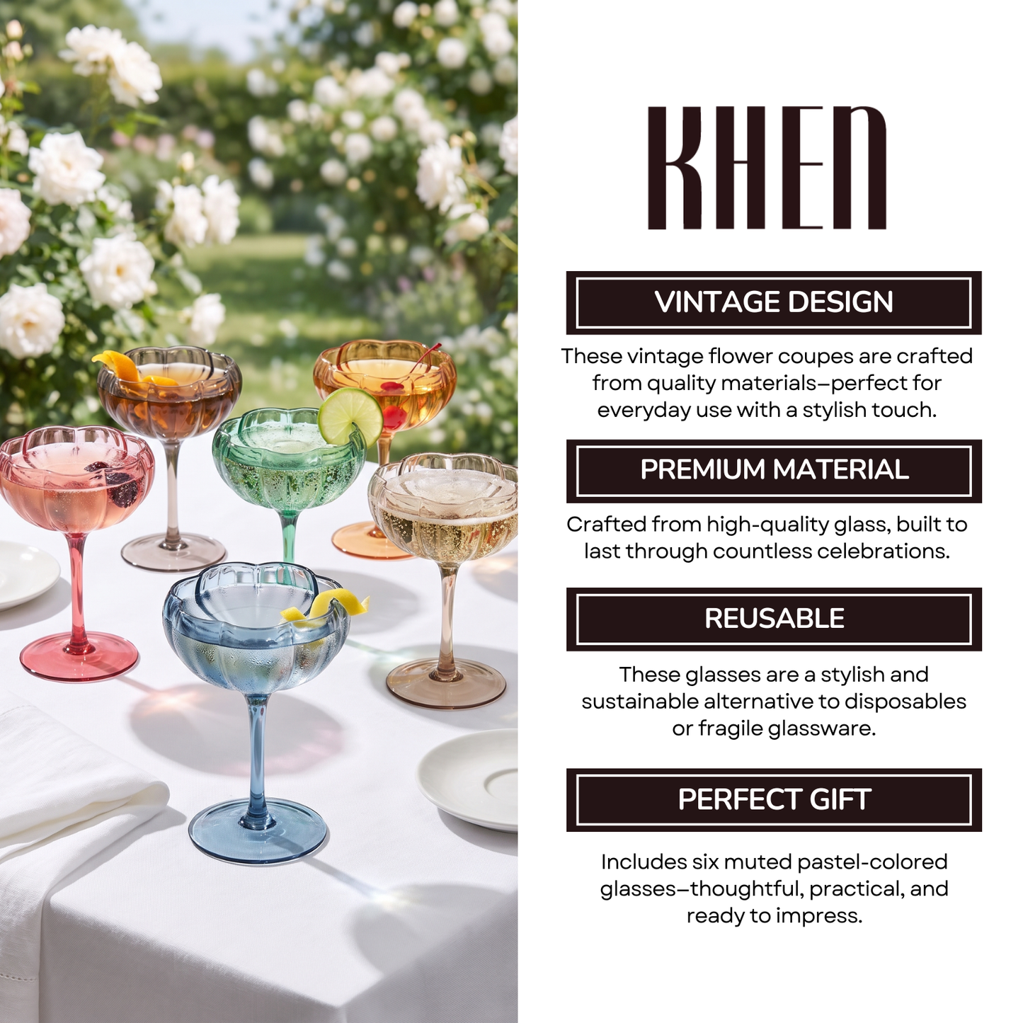 Muted Floral Coupe Cocktail Glasses Set of 6