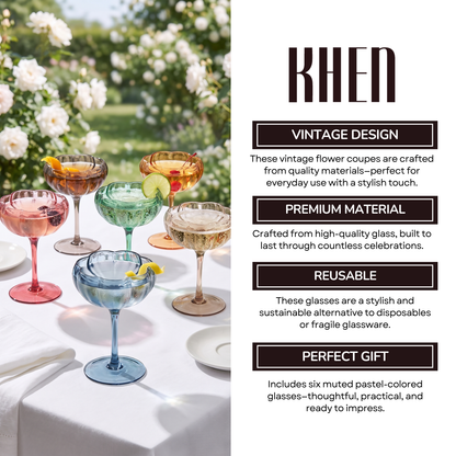 Muted Floral Coupe Cocktail Glasses Set of 6