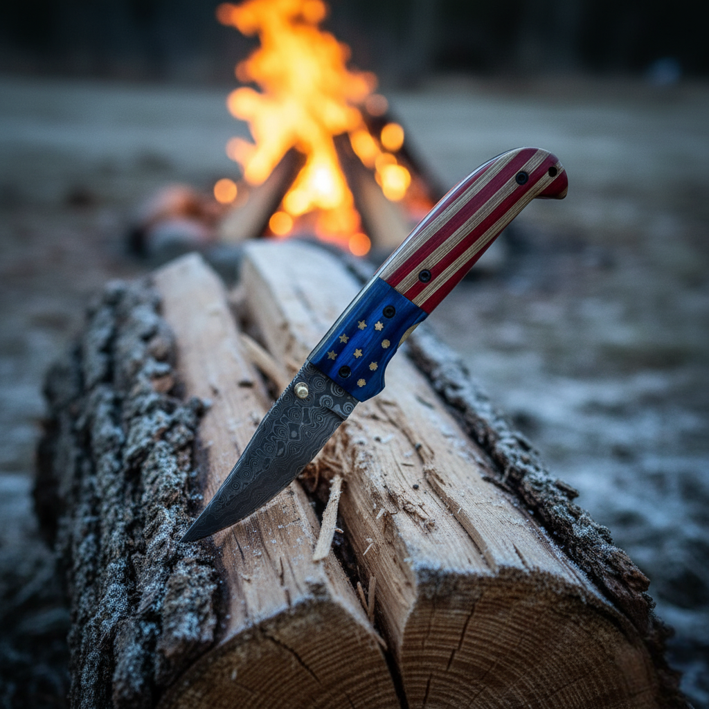 Patriot Damascus Folding Knife TF-089 Titan Int'l K red/white striped handle, blue bolster on Tampa Home & Garden Store