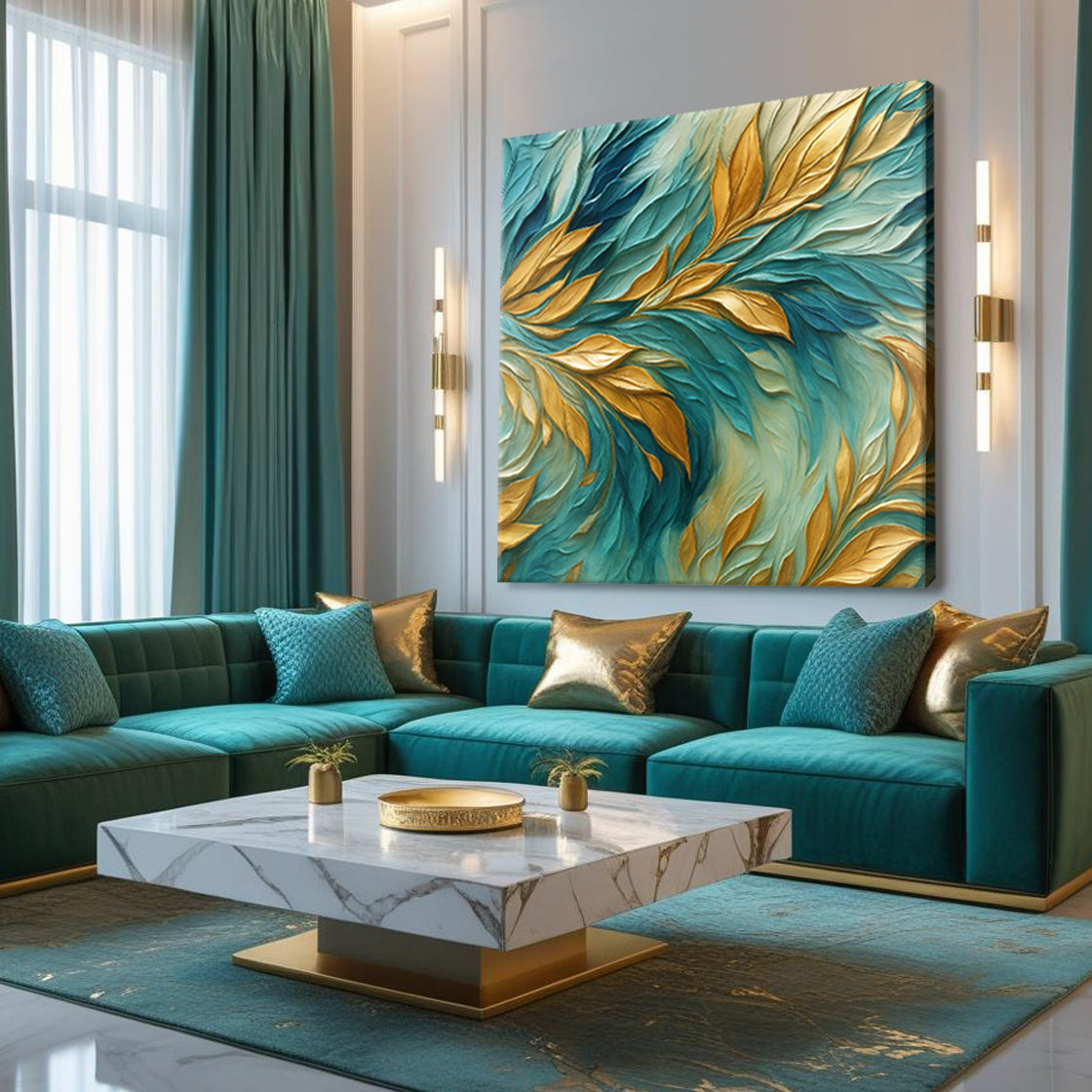 Abstract Gold And Blue Frosty Wall Art canvas by Tailored Canvases teal and gold leaf texture on Tampa Home & Garden Store