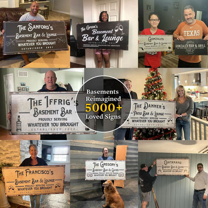 Basement Bar And Lounge Sign X canvas by Tailored Canvases; collage of people holding signs on Tampa Home & Garden Store