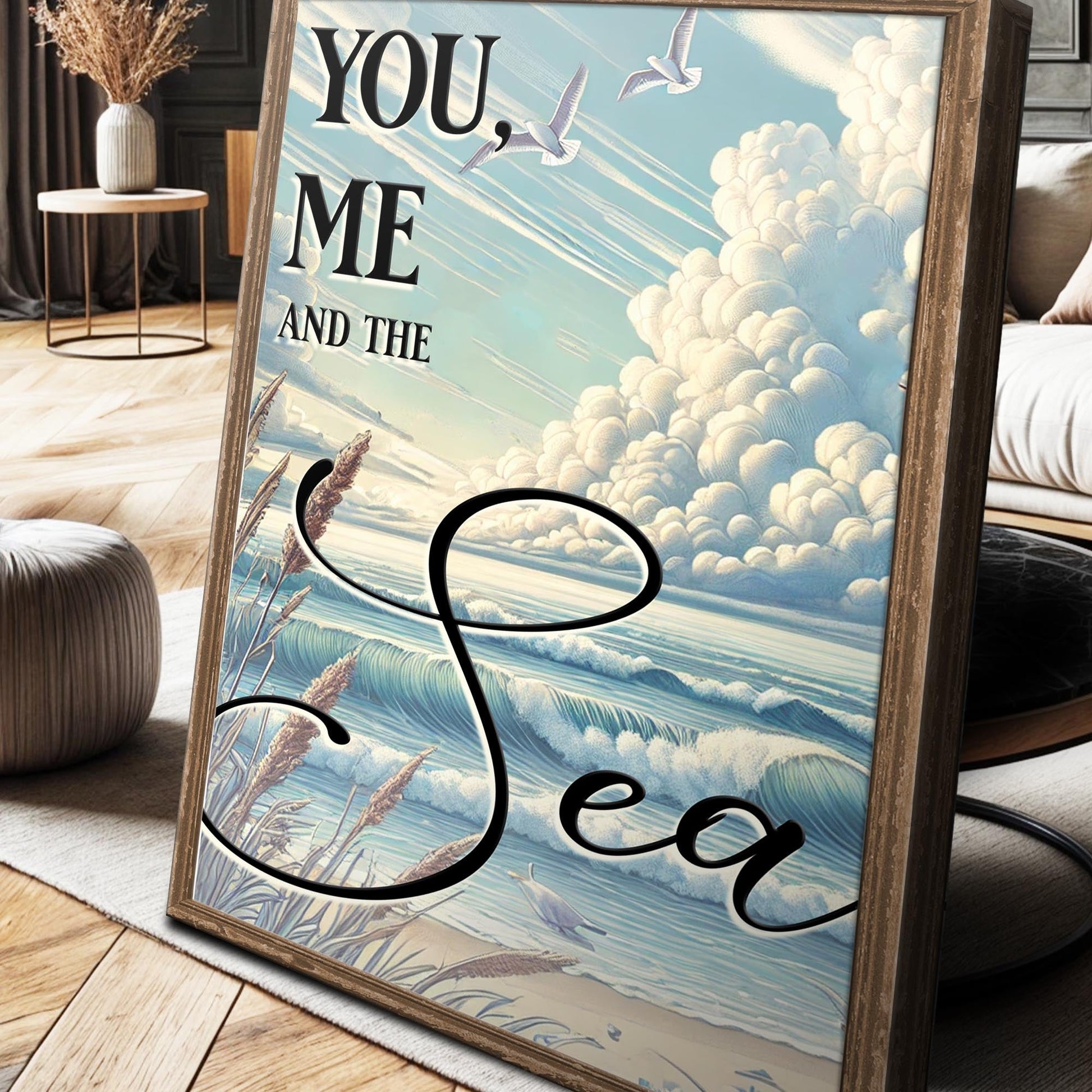 Canvas You, Me and the Sea Coastal Sign III by Tailored Canvases framed wood blue sky clouds on Tampa Home & Garden Store