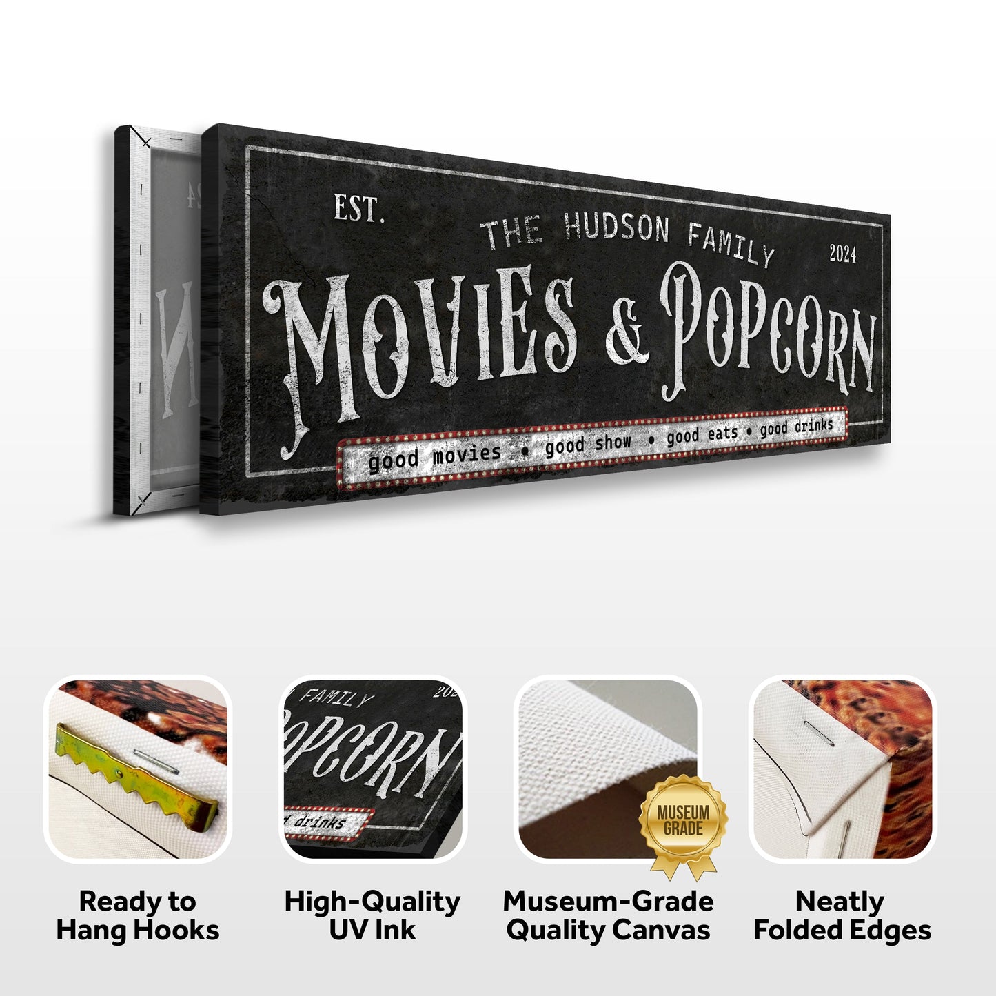 Movies & Popcorn Sign II canvas by Tailored Canvases; black chalkboard with white print on Tampa Home & Garden Store