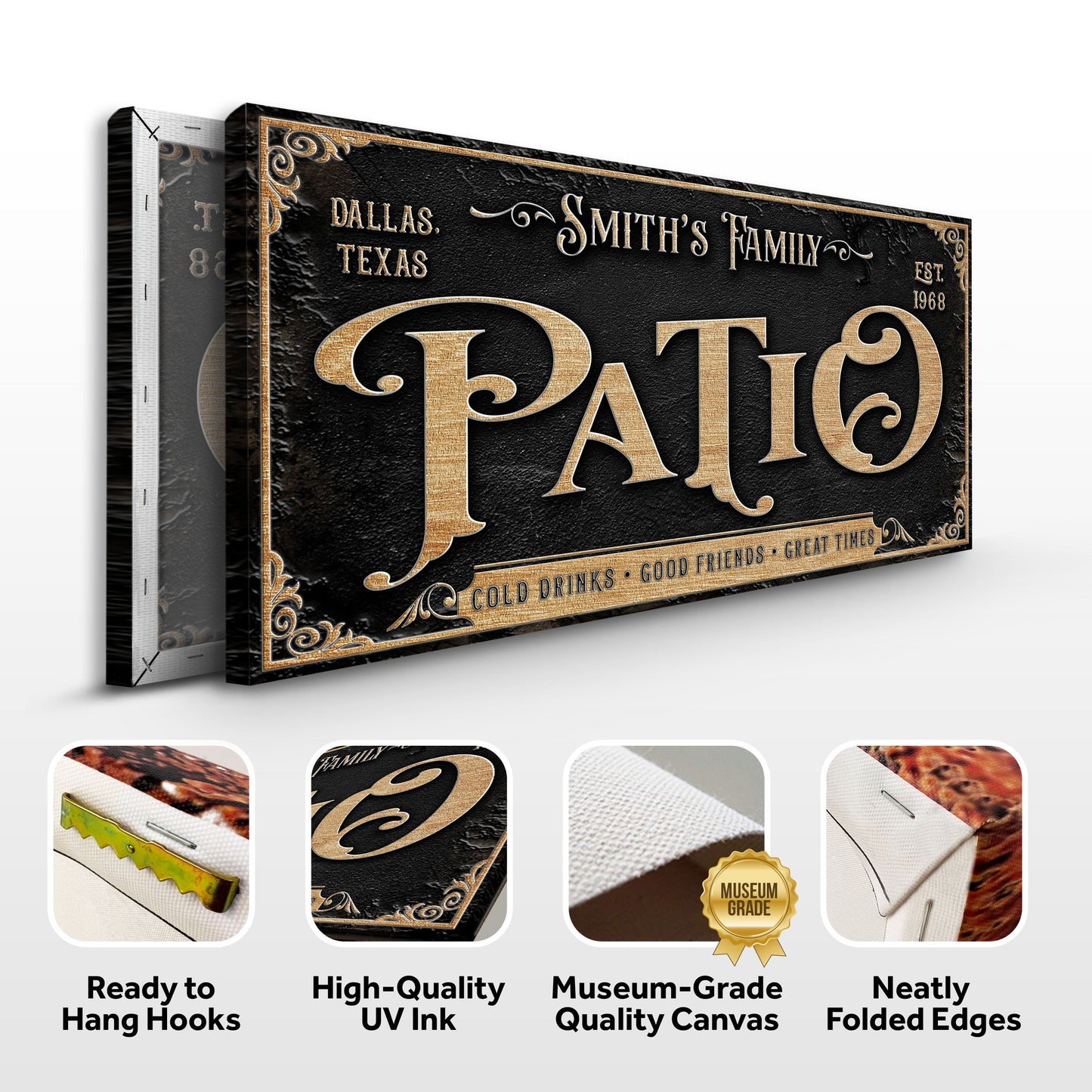 Personalized Patio Sign II canvas with black textured background and gold lettering Tailored Canvases on Tampa Home & Garden Store
