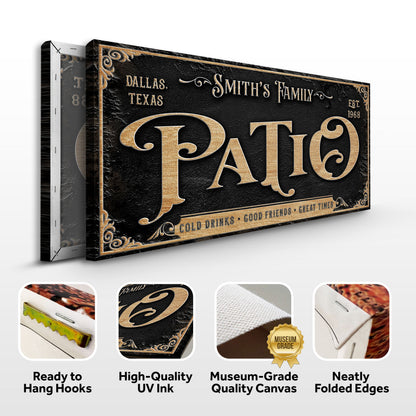 Personalized Patio Sign II canvas with black textured background and gold lettering Tailored Canvases on Tampa Home & Garden Store