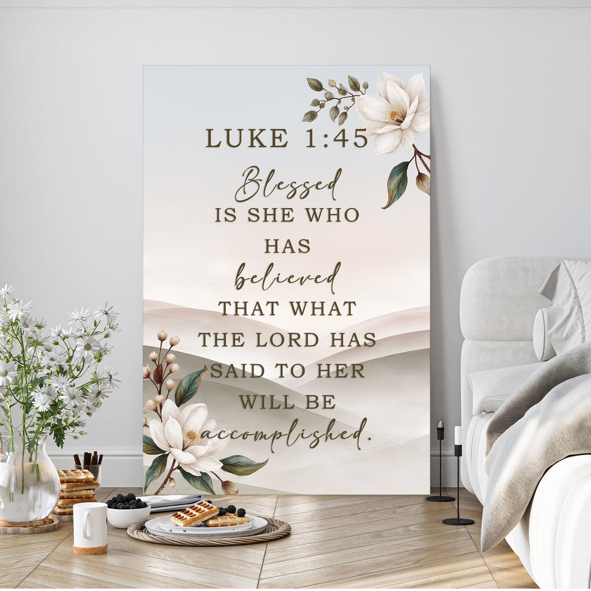 Canvas wall art Luke 1:45 Blessed Is She Who Believed with soft gradient and white magnolia on Tampa Home & Garden Store