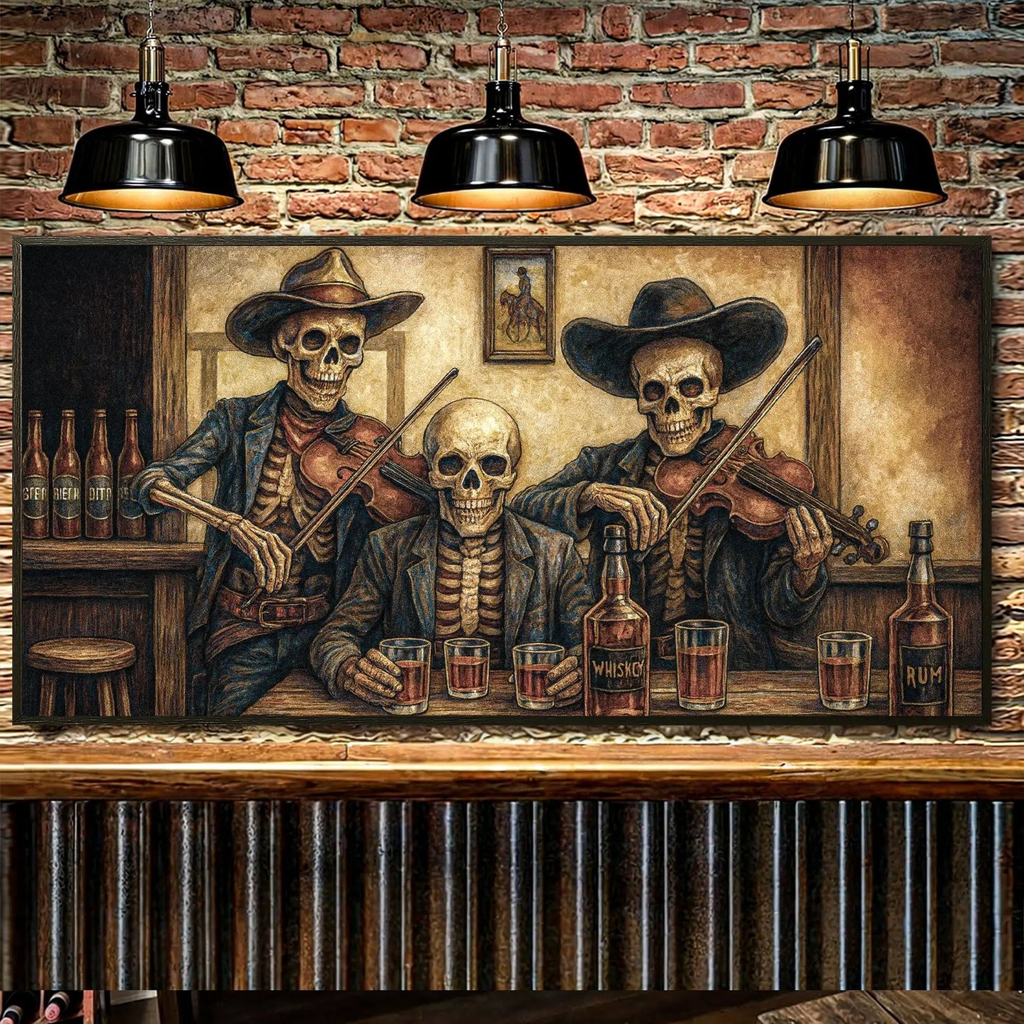 Canvas wall art Cowboy Skeletons Western Bar scene with whiskey bottles by Tailored Canvases on Tampa Home & Garden Store