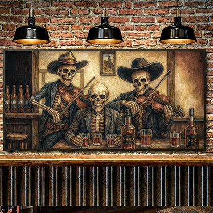 Canvas wall art Cowboy Skeletons Western Bar scene with whiskey bottles by Tailored Canvases on Tampa Home & Garden Store
