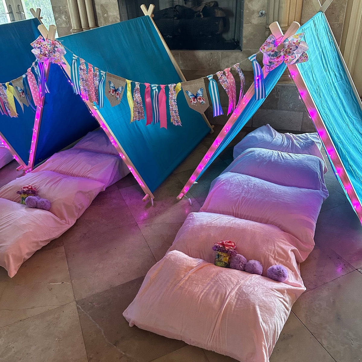 Butterfly Birthday Sleepover Kit with pink bedding and turquoise canopy tents on Tampa Home & Garden Store