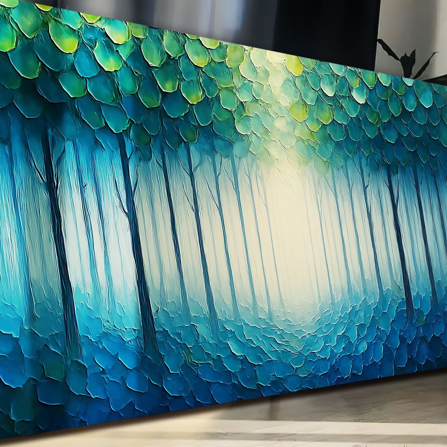 Forest Whispers Impasto Canvas wall art in teal blue-green scales by Tailored Canvases on Tampa Home & Garden Store
