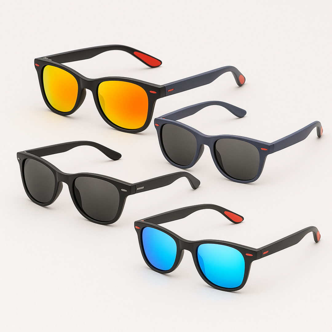 BikerZoneZ polarized square sunglasses with mirrored orange lenses, five styles on display on Tampa Home & Garden Store