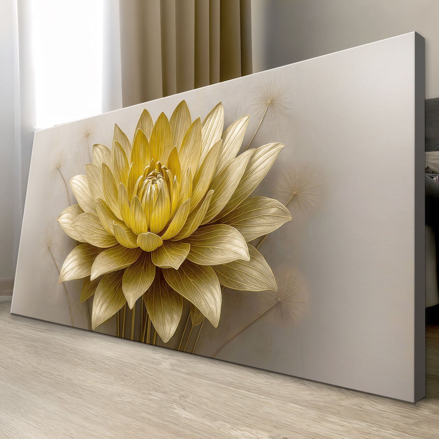 Golden Lotus art canvas by Tailored Canvases with gold petals on beige backdrop on Tampa Home & Garden Store