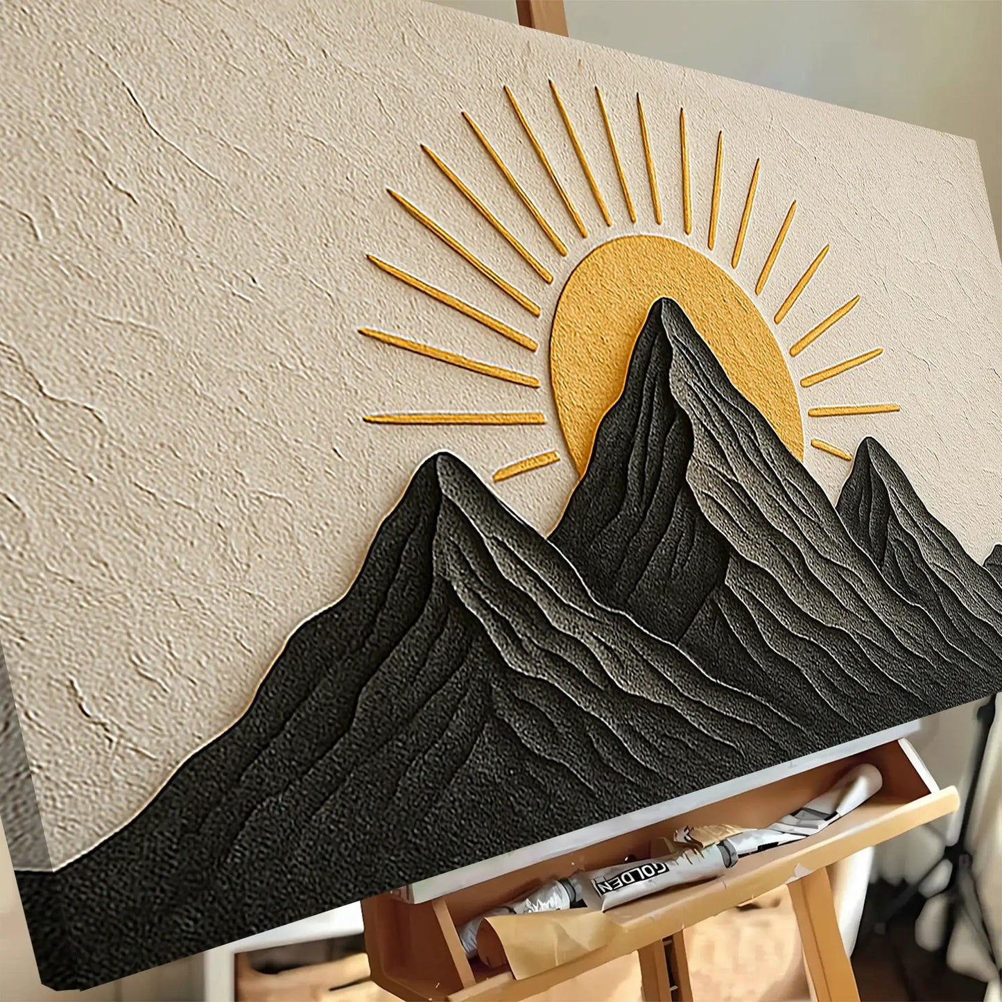 Mountain Majesty Wall Art canvas by Tailored Canvases with black mountains and gold sun on Tampa Home & Garden Store