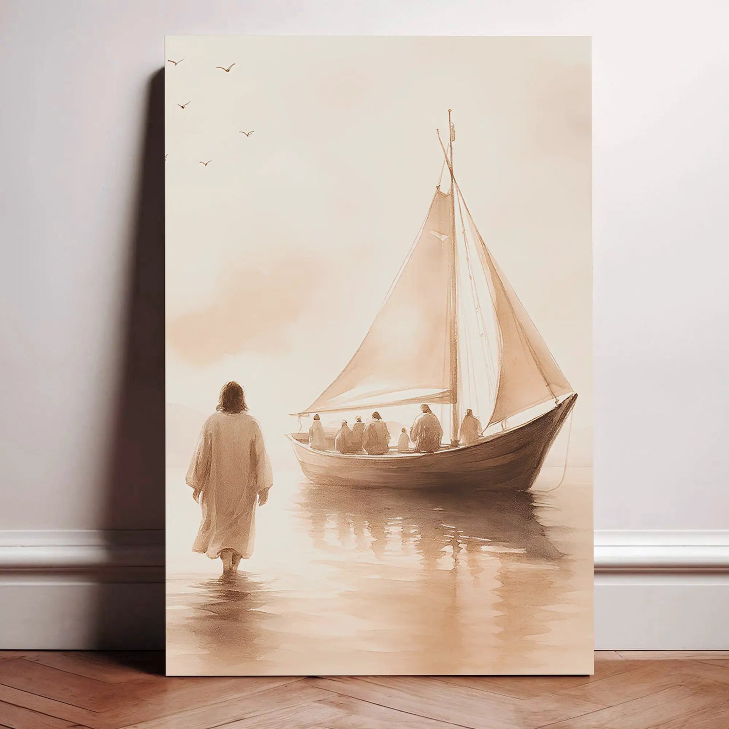 Canvas art Jesus Christ Walking On Water Faith Wall Art VIII by Tailored Canvases sepia boat on Tampa Home & Garden Store