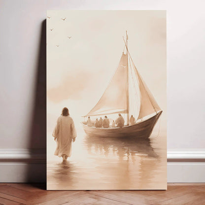 Canvas art Jesus Christ Walking On Water Faith Wall Art VIII by Tailored Canvases sepia boat on Tampa Home & Garden Store