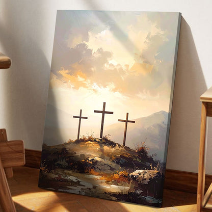 Three Crosses on Calvary Faith Wall Art canvas with warm sunset tones Tailored Canvases on Tampa Home & Garden Store