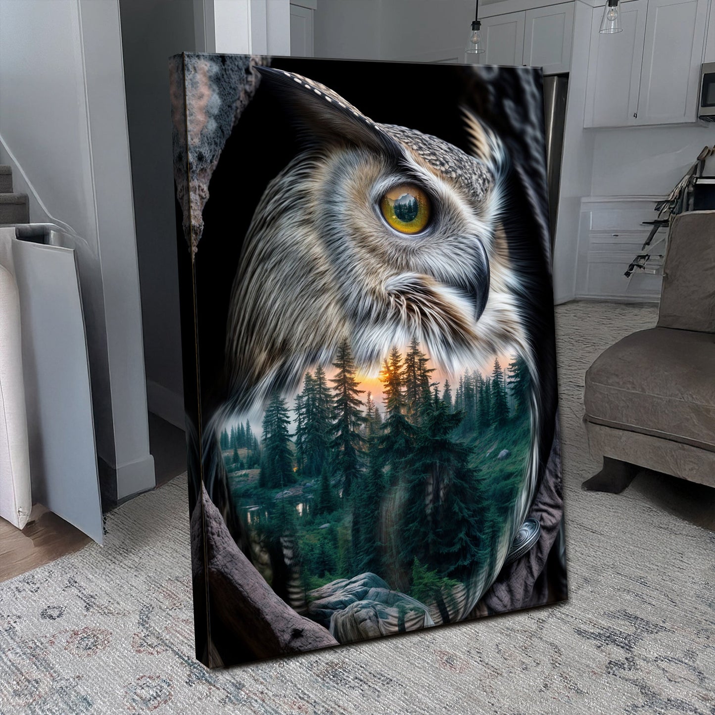 Owl Double Exposure Wall Art canvas by Tailored Canvases with close-up eye and forest scene on Tampa Home & Garden Store