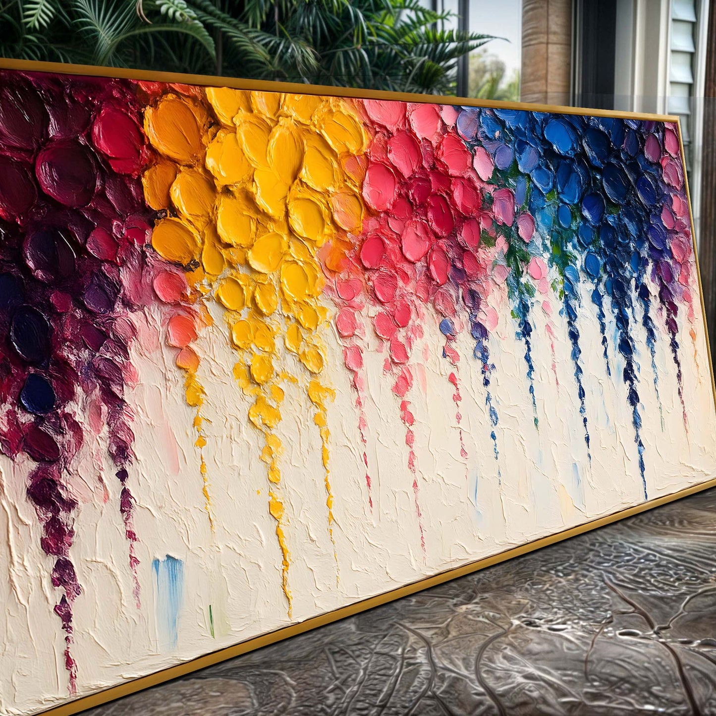 Rainbow Cascade Wall Art canvas with thick textured rainbow impasto and gold frame on Tampa Home & Garden Store
