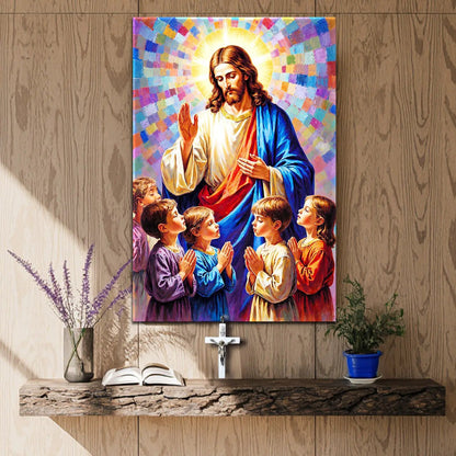 Jesus Praying With Kids Faith Wall Art canvas by Tailored Canvases, colorful halo with children on Tampa Home & Garden Store
