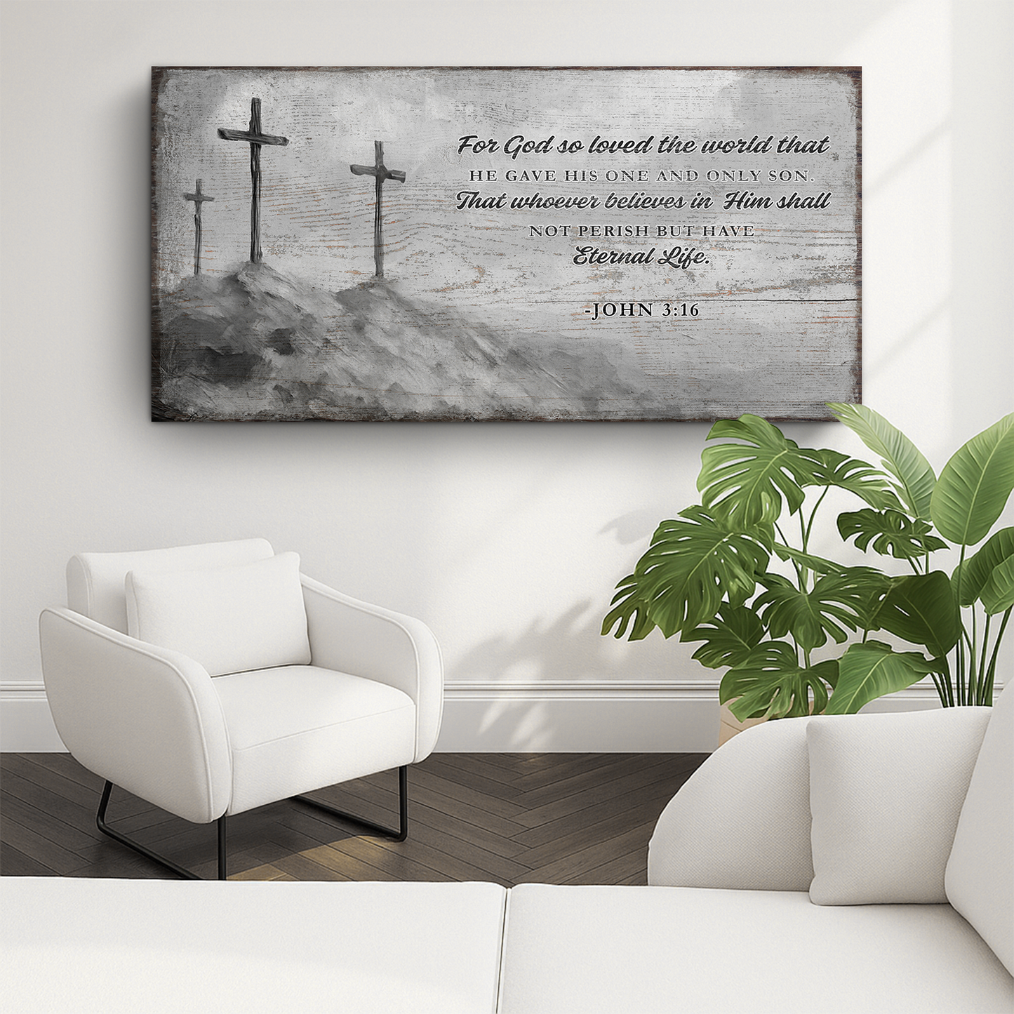 John 3:16 Faith Sign VIII canvas by Tailored Canvases, gray wood wall art with three crosses on Tampa Home & Garden Store