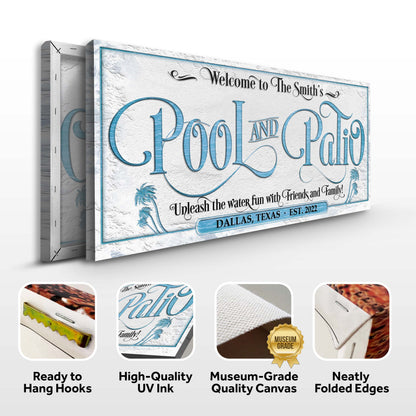 Personalized Pool & Patio Sign Canvas by Tailored Canvases with blue script on textured white on Tampa Home & Garden Store