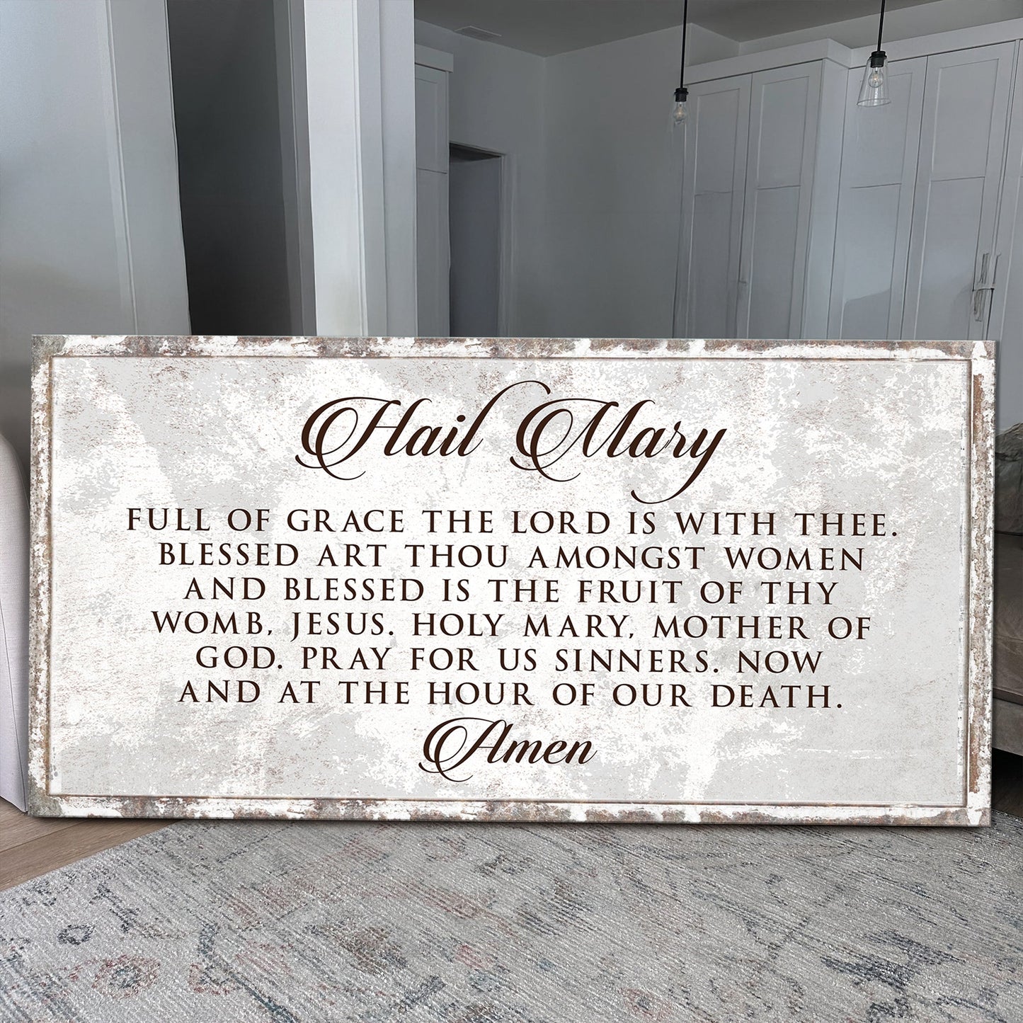 Canvas sign The Hail Mary Faith Sign II, cream distressed frame with brown script on Tampa Home & Garden Store