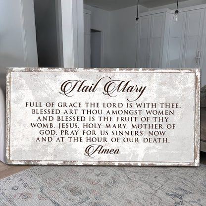 Canvas sign The Hail Mary Faith Sign II, cream distressed frame with brown script on Tampa Home & Garden Store