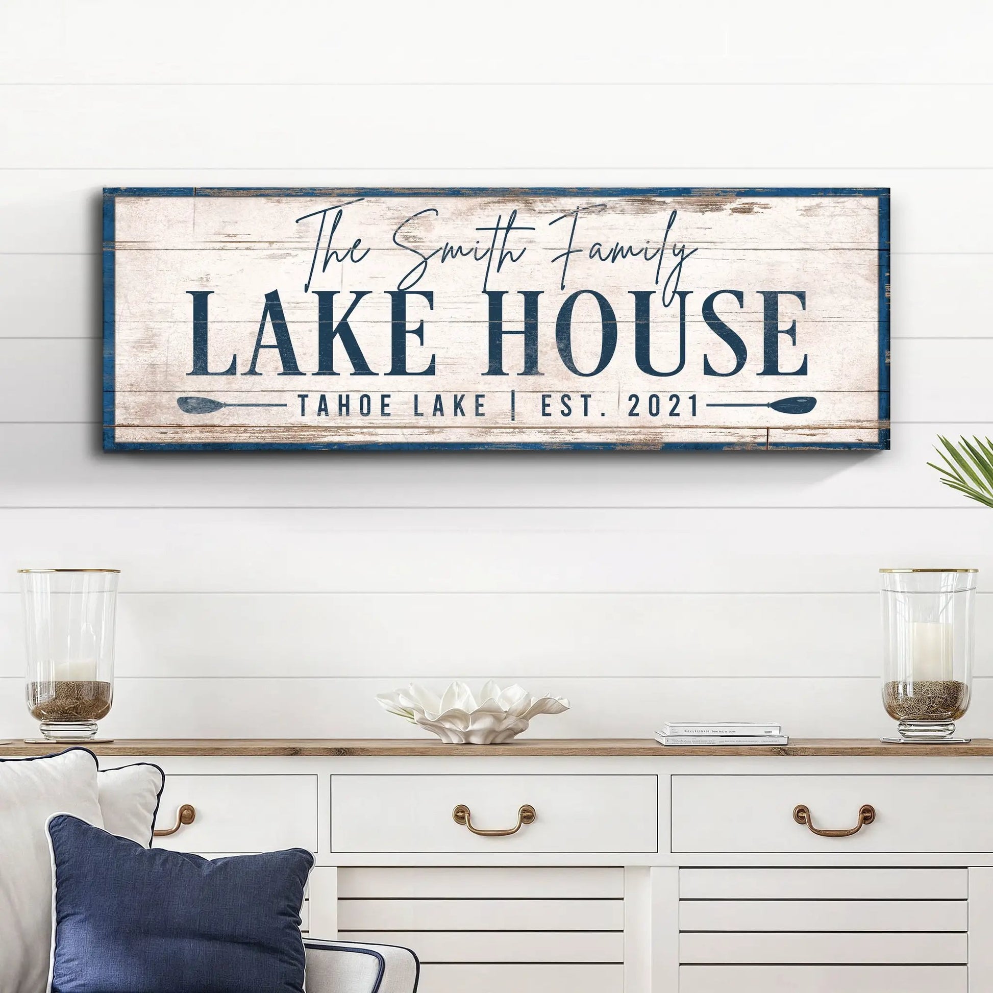 Canvas sign Tailored Canvases Personalized Lake House with rustic whitewash and blue frame on Tampa Home & Garden Store