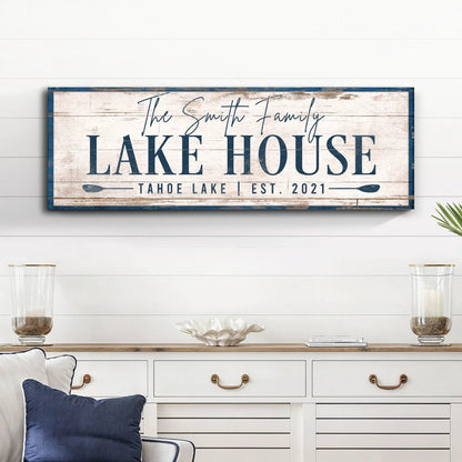 Canvas sign Tailored Canvases Personalized Lake House with rustic whitewash and blue frame on Tampa Home & Garden Store